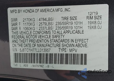 2020 Acura Rdx Advance Package z USA, uszkodzony, nr VIN 5J8TC1H77LL013957